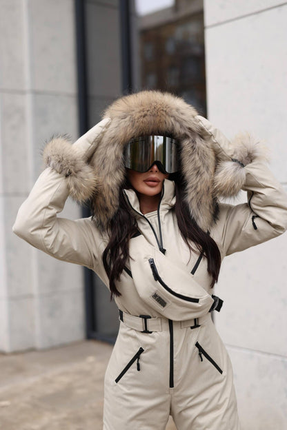 Beige Women And Kids Ski Jumpsuit with Belt Mittens and Bag Insulated Winter Snow Suit