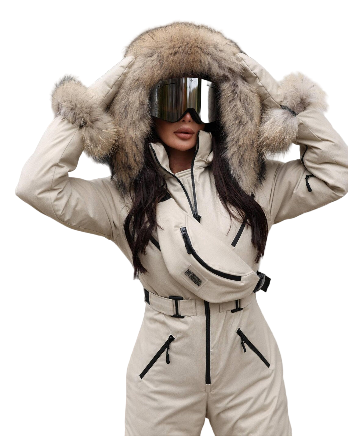 Beige Women And Kids Ski Jumpsuit with Belt Mittens and Bag Insulated Winter Snow Suit