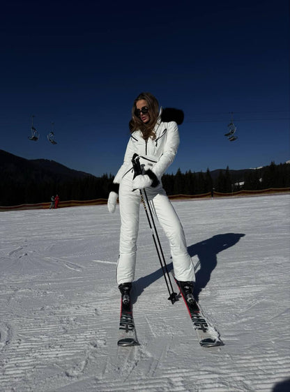 White Women And Kids Ski Jumpsuit with Belt Mittens and Bag Insulated Winter Snow Suit