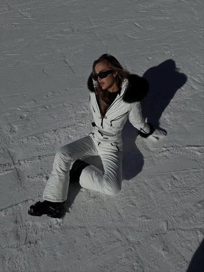 White Women And Kids Ski Jumpsuit with Belt Mittens and Bag Insulated Winter Snow Suit