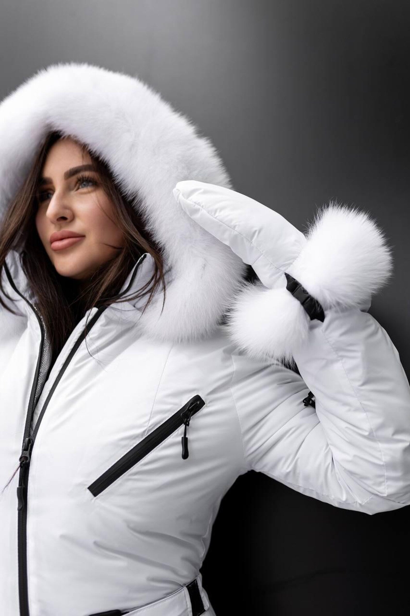 White Women And Kids Ski Jumpsuit with Belt Mittens and Bag Insulated Winter Snow Suit