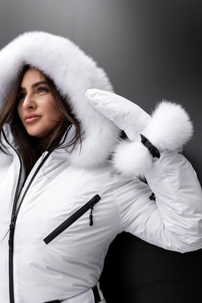 White Women And Kids Ski Jumpsuit with Belt Mittens and Bag Insulated Winter Snow Suit