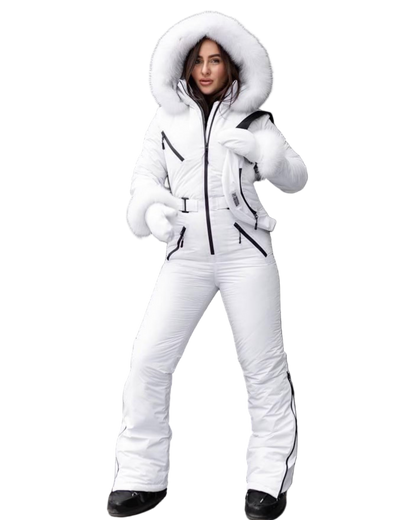 White Women And Kids Ski Jumpsuit with Belt Mittens and Bag Insulated Winter Snow Suit
