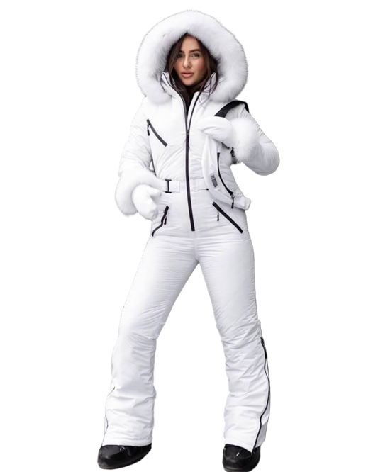 White Women And Kids Ski Jumpsuit with Belt Mittens and Bag Insulated Winter Snow Suit