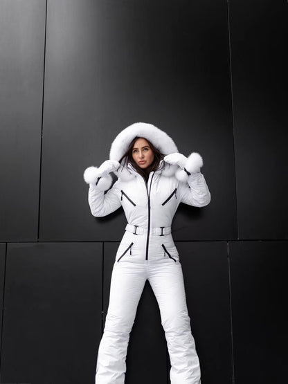 White Women And Kids Ski Jumpsuit with Belt Mittens and Bag Insulated Winter Snow Suit