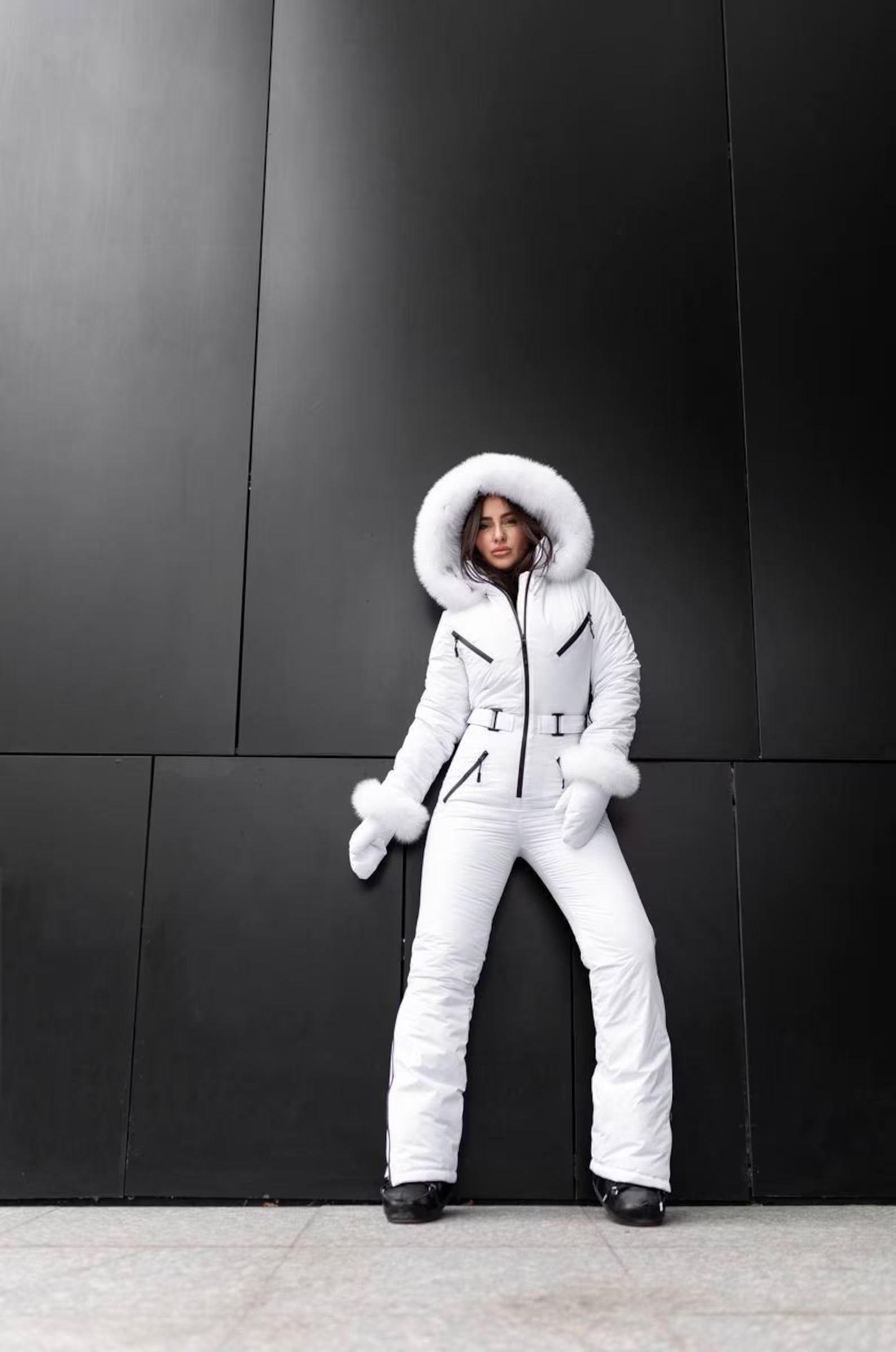 White Women And Kids Ski Jumpsuit with Belt Mittens and Bag Insulated Winter Snow Suit