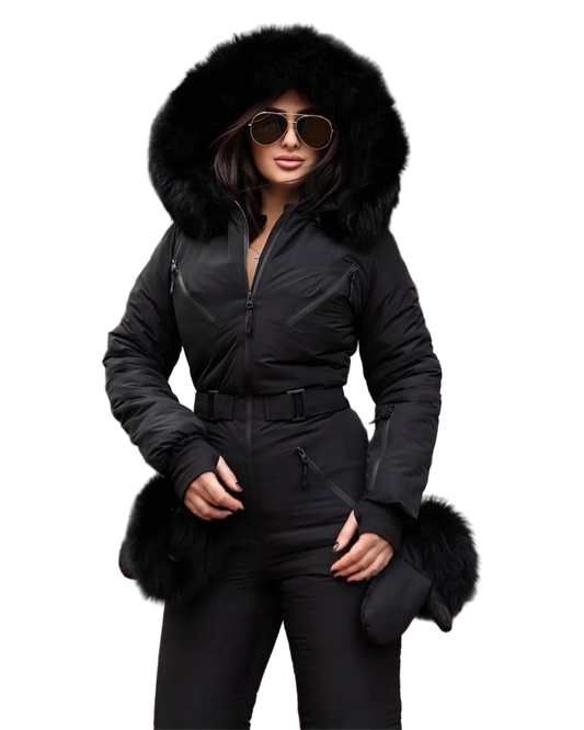 Black Women And Kids Ski Jumpsuit with Belt Mittens and Bag Insulated Winter Snow Suit