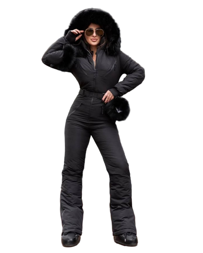 Black Women And Kids Ski Jumpsuit with Belt Mittens and Bag Insulated Winter Snow Suit
