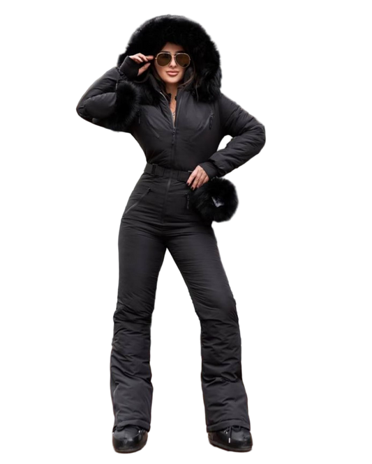 Black Women And Kids Ski Jumpsuit with Belt Mittens and Bag Insulated Winter Snow Suit