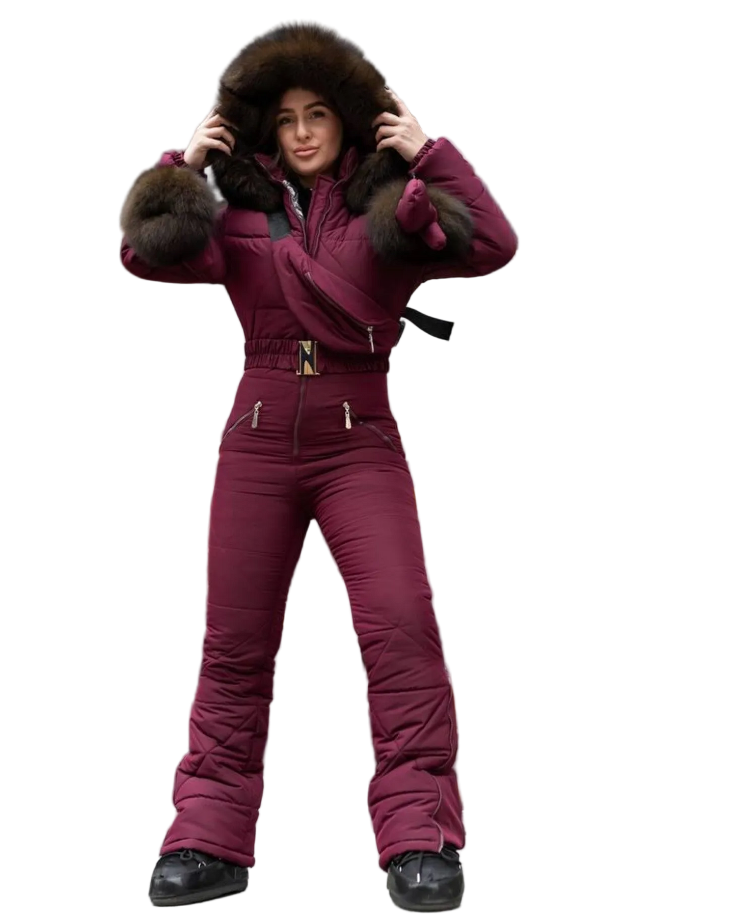 Burgundy Women And Kids Waterproof Ski Jumpsuit with Belt Mittens Bag and Fur Insulated Winter Snow Suit