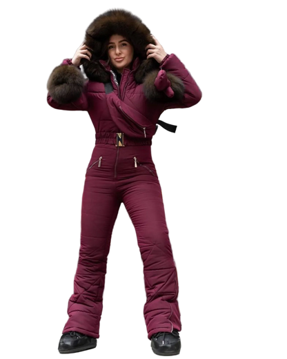 Burgundy Women And Kids Waterproof Ski Jumpsuit with Belt Mittens Bag and Fur Insulated Winter Snow Suit