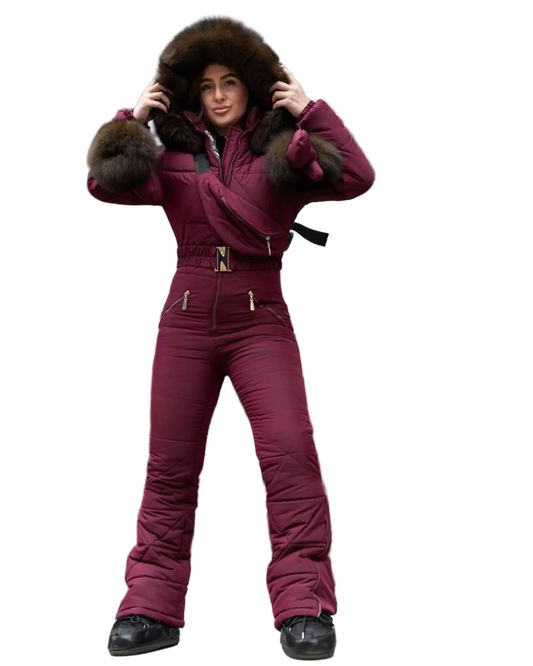 Burgundy Women And Kids Waterproof Ski Jumpsuit with Belt Mittens Bag and Fur Insulated Winter Snow Suit