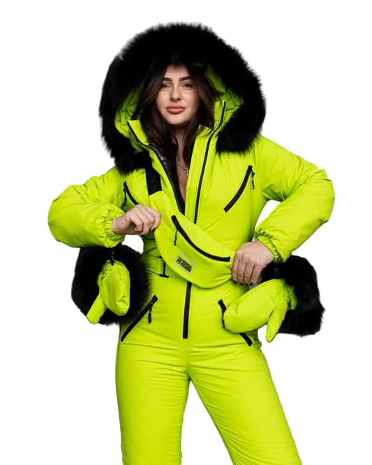 Person wearing a bright yellow snowsuit with black fur trim on a white background