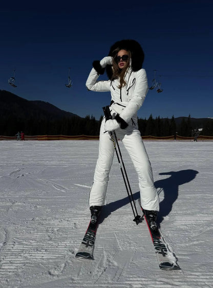 White Women And Kids Ski Jumpsuit with Belt Mittens and Bag Insulated Winter Snow Suit