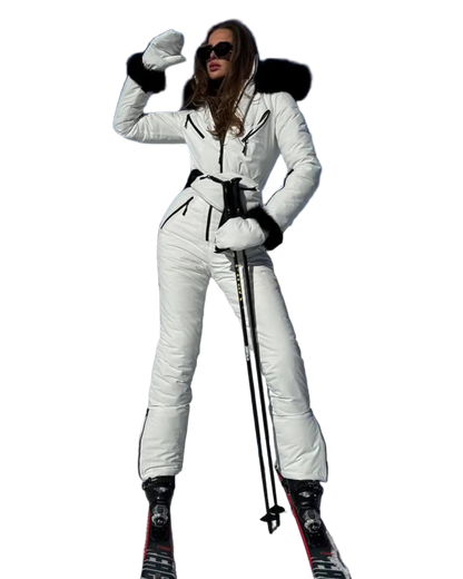 White Women And Kids Ski Jumpsuit with Belt Mittens and Bag Insulated Winter Snow Suit