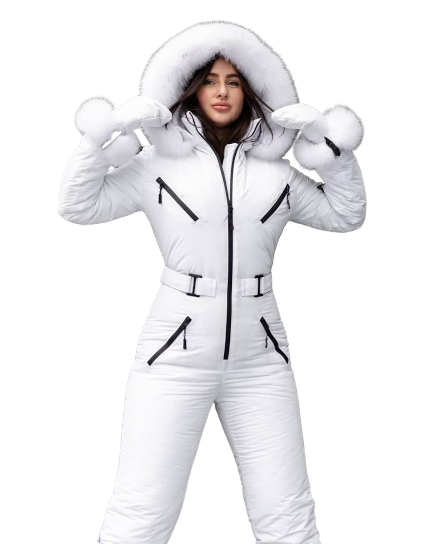 White Women And Kids Ski Jumpsuit with Belt Mittens and Bag Insulated Winter Snow Suit