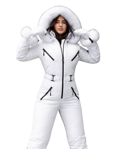 White Women And Kids Ski Jumpsuit with Belt Mittens and Bag Insulated Winter Snow Suit