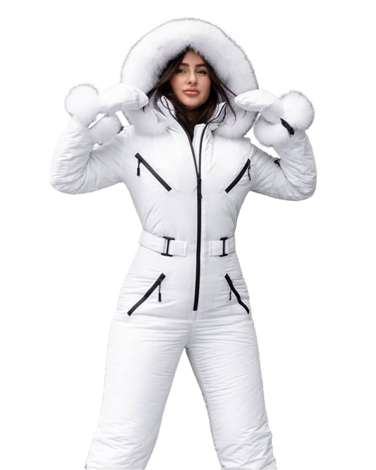White Women And Kids Ski Jumpsuit with Belt Mittens and Bag Insulated Winter Snow Suit