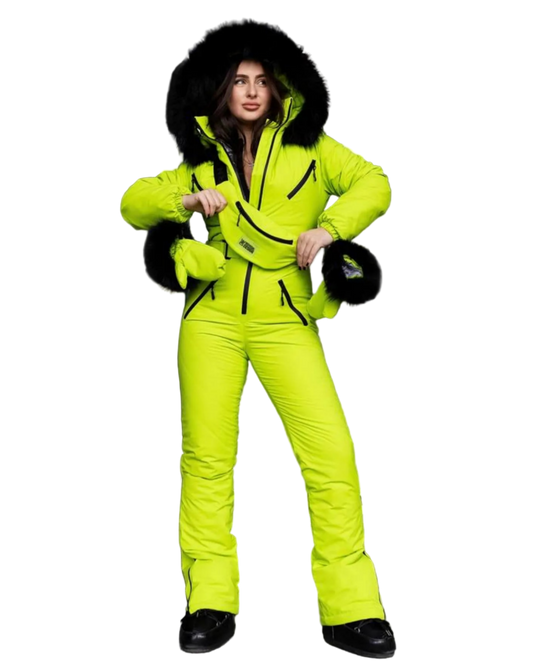 Yellow Lime Women And Kids Ski Jumpsuit with Belt Mittens and Bag Insulated Winter Snow Suit