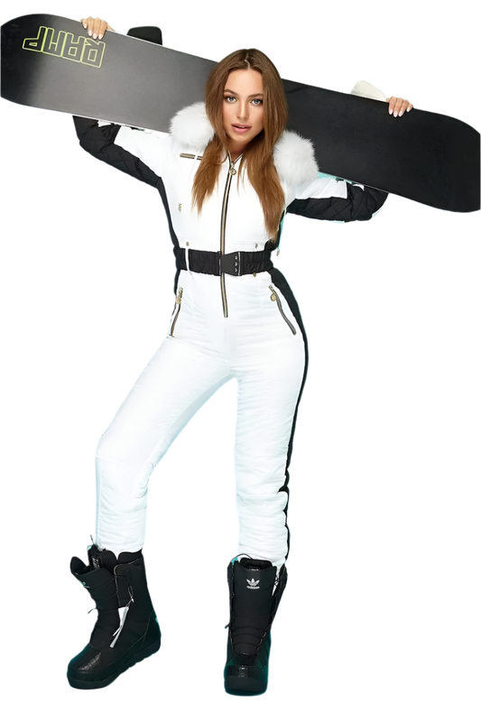 Modern Womens Winter Ski Jumpsuit in White with Black Stripes and Fox Fur Hood