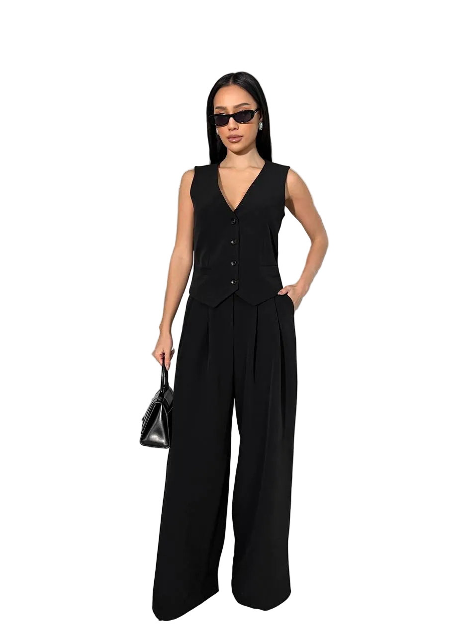 Womens Black Crepe Vest And Wide Leg Trousers Suit