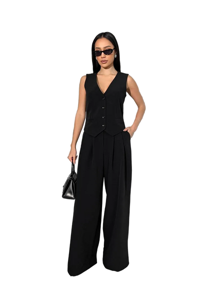 Womens Black Crepe Vest And Wide Leg Trousers Suit