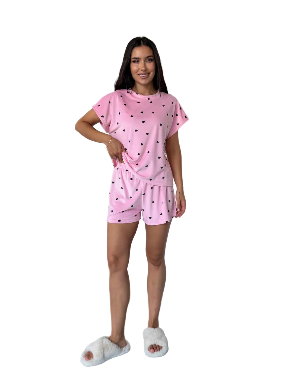 Women Pink Velour Pajama Set Short Sleeve Top Elastic Waist Shorts Loungewear Sleepwear