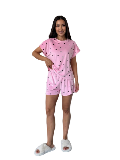 Women Pink Velour Pajama Set Short Sleeve Top Elastic Waist Shorts Loungewear Sleepwear