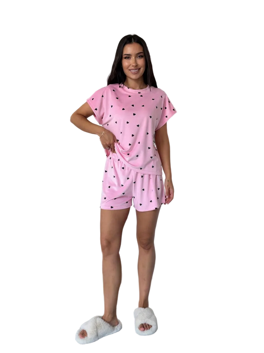 Women Pink Velour Pajama Set Short Sleeve Top Elastic Waist Shorts Loungewear Sleepwear