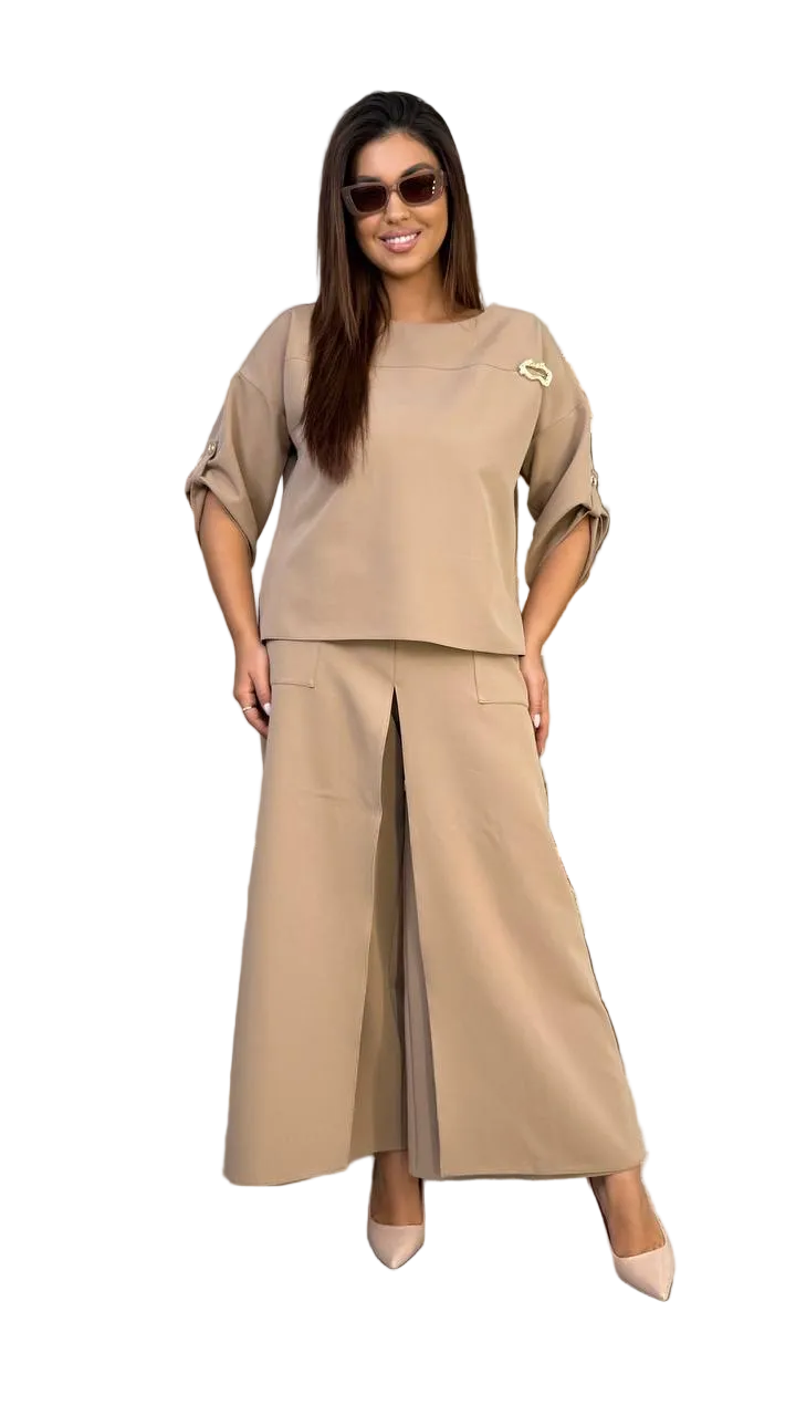 Beige Women Two Piece Suit Blouson Top and Skirt Pants Loose Fit
