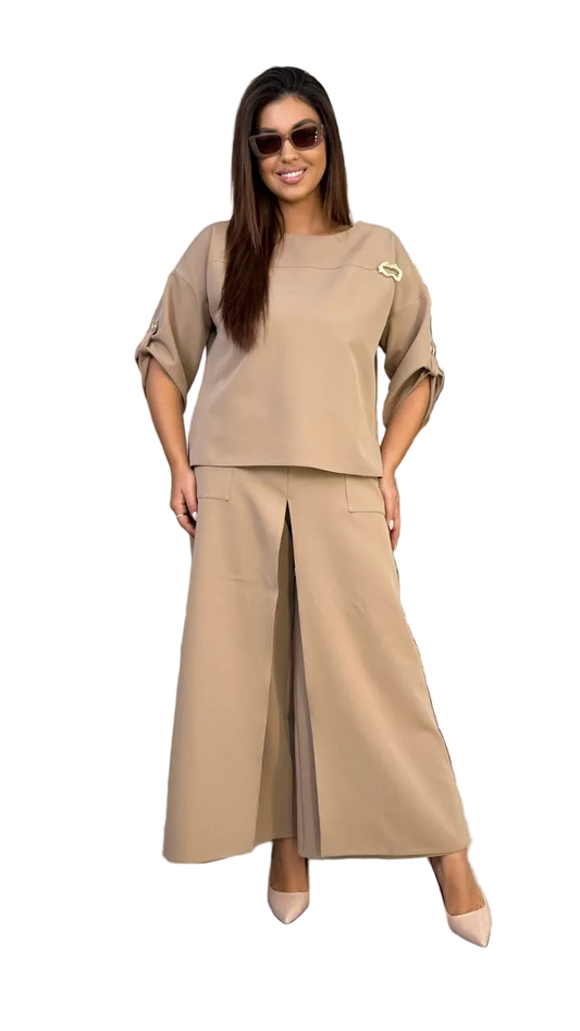 Beige Women Two Piece Suit Blouson Top and Skirt Pants Loose Fit
