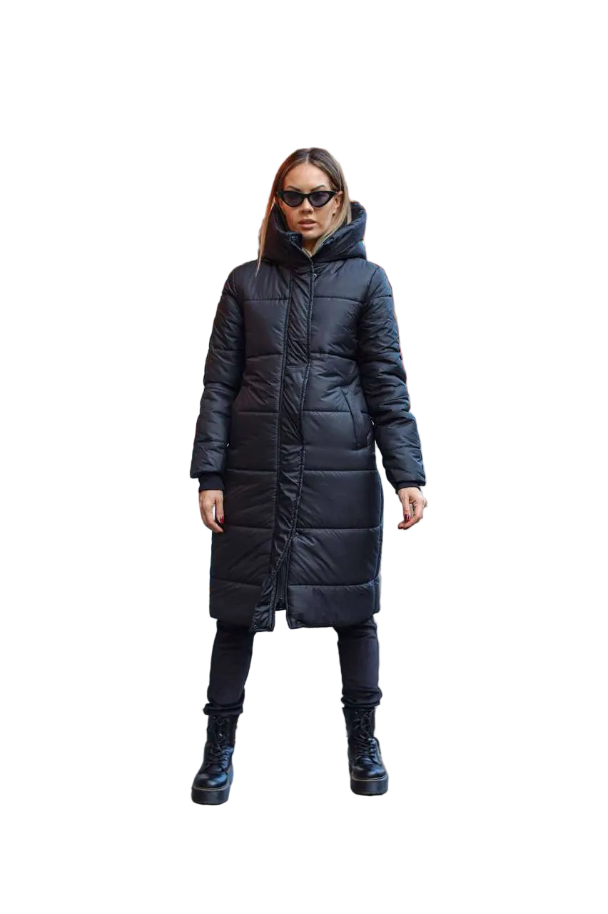 Black Long Winter Puffer Jacket Hooded Insulated Coat