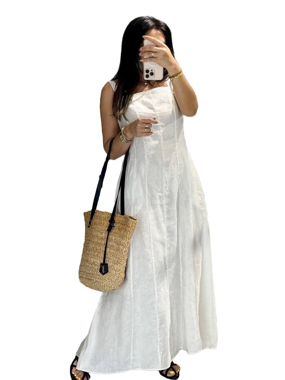 White Linen A Line Maxi Dress Sleeveless Hidden Back Zipper