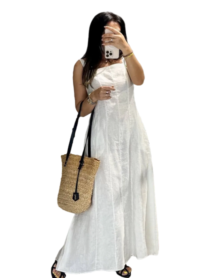 White Linen A Line Maxi Dress Sleeveless Hidden Back Zipper