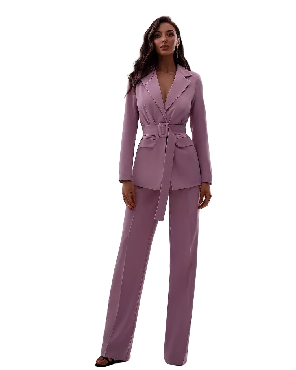 Women Mauve Tailored Belted Crepe Diagonal Premium Suit Jacket Wide Leg Pants