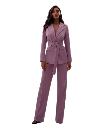 Women Mauve Tailored Belted Crepe Diagonal Premium Suit Jacket Wide Leg Pants