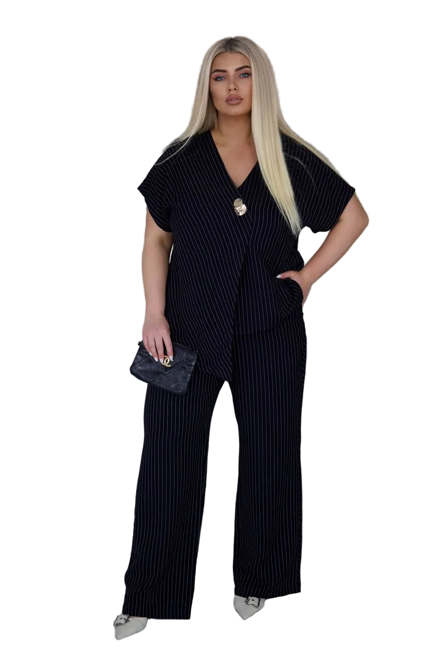 Black Pinstripe Linen Two Piece Suit Women V Neck Blouse Wide Leg Pants