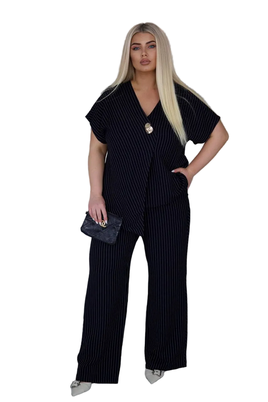 Black Pinstripe Linen Two Piece Suit Women V Neck Blouse Wide Leg Pants