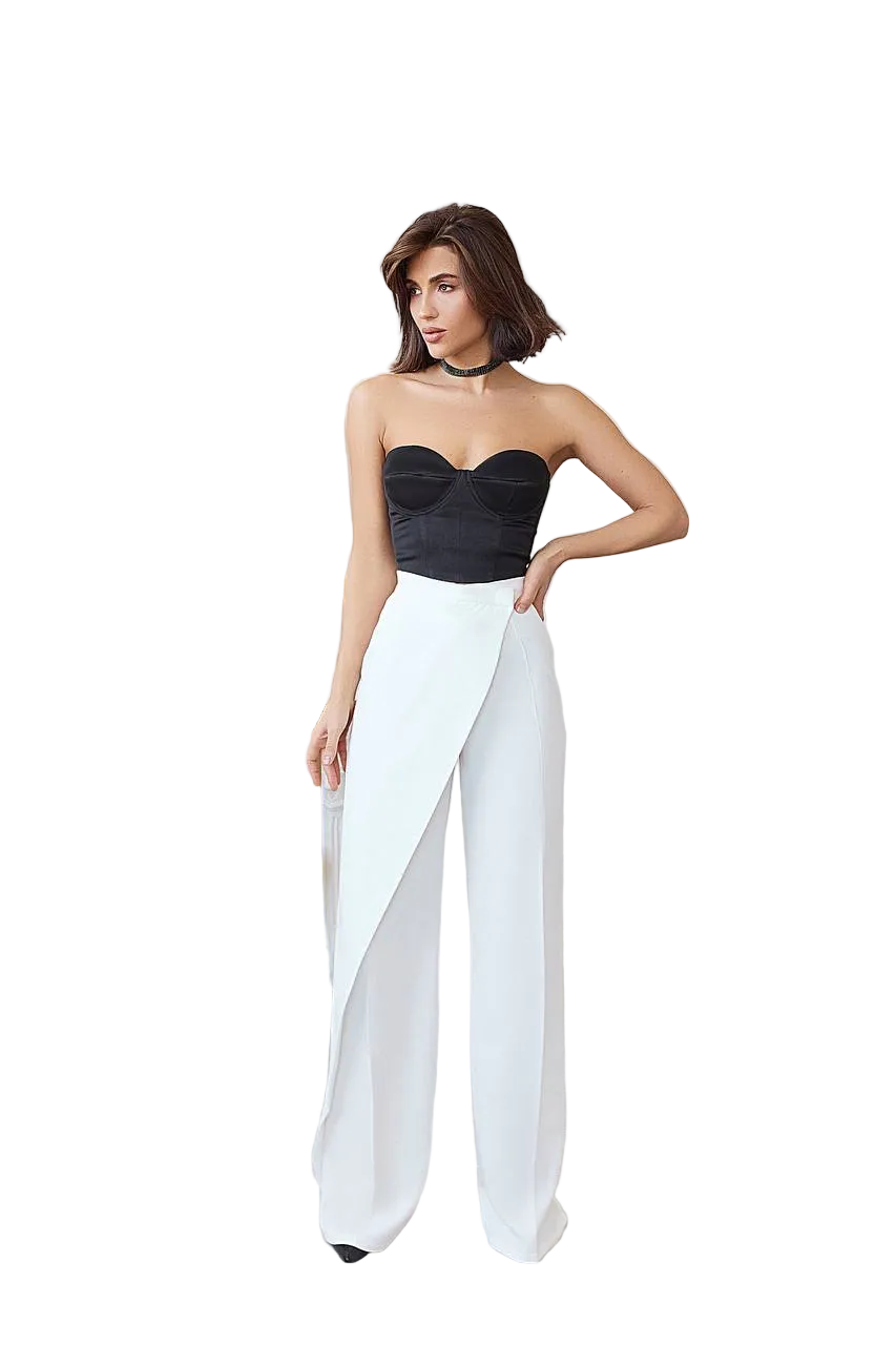 White Diagonal Crepe Wrap Front Wide Leg Trousers for Women