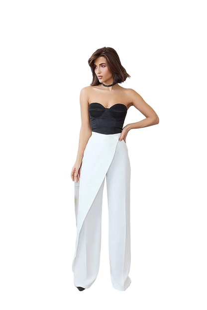 White Diagonal Crepe Wrap Front Wide Leg Trousers for Women