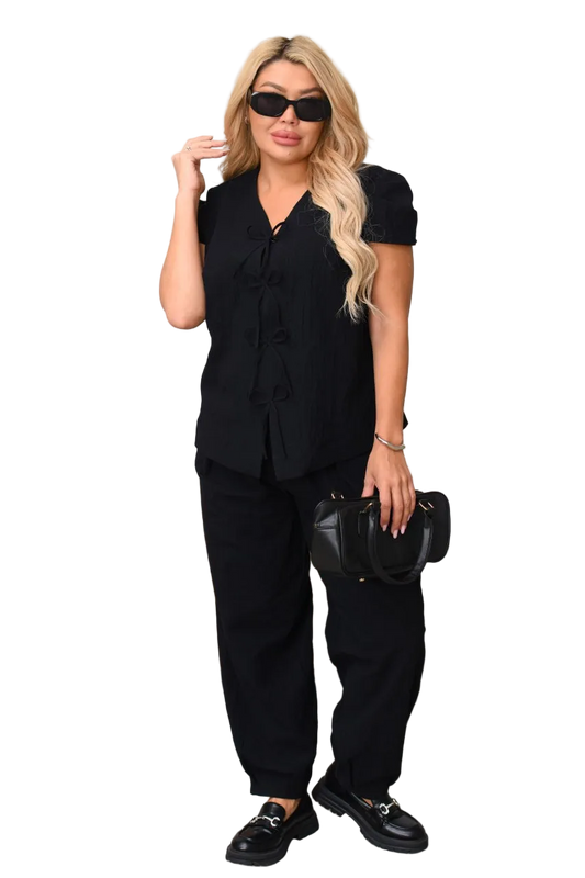 Women Black Crushed Linen Two Piece Suit Short Sleeve Blazer Cropped Wide Leg Pants