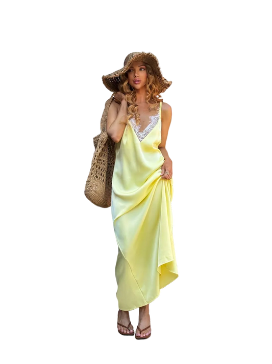 Yellow Silk Lace Slip Maxi Dress Adjustable Straps