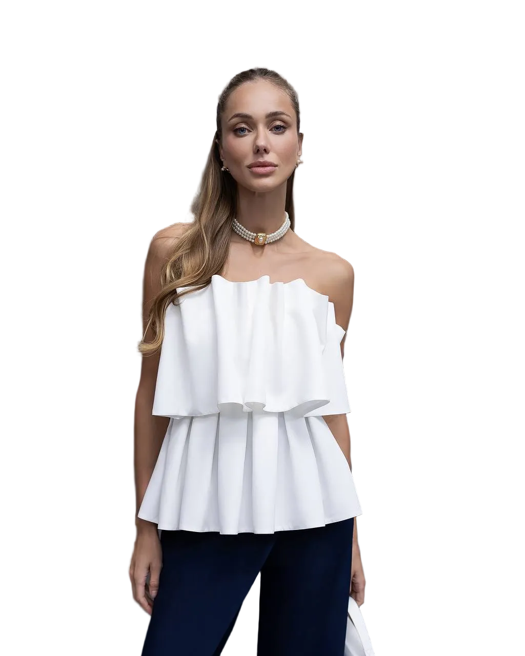 White Off Shoulder Ruffle Top Premium Diagonal Crepe