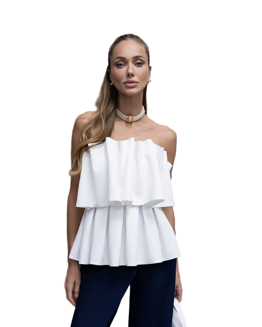White Off Shoulder Ruffle Top Premium Diagonal Crepe