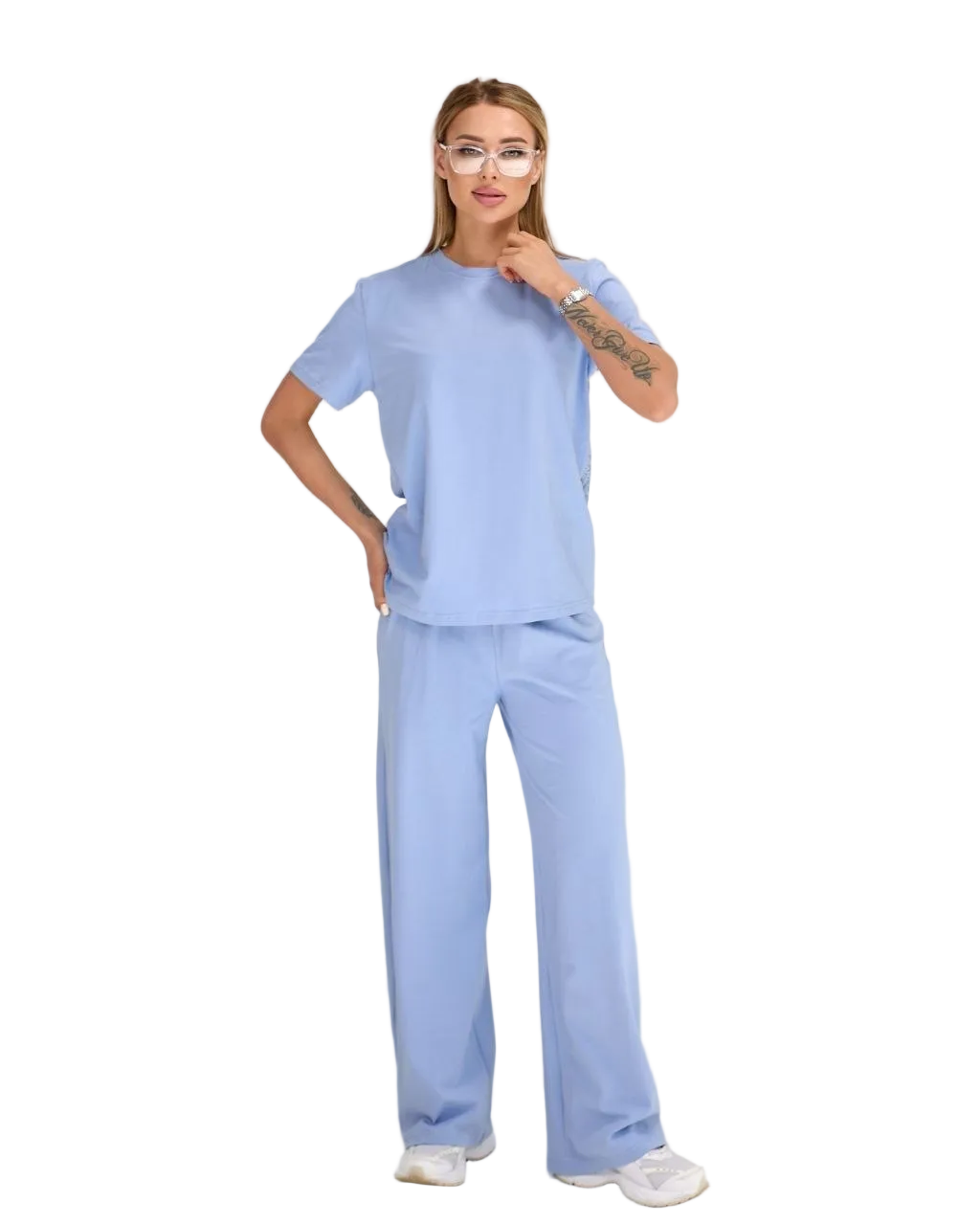Light Blue Womens Two Piece Summer Cotton Set T Shirt and Wide Leg Pants