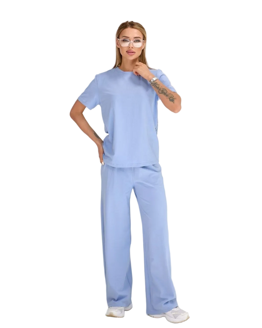 Light Blue Womens Two Piece Summer Cotton Set T Shirt and Wide Leg Pants