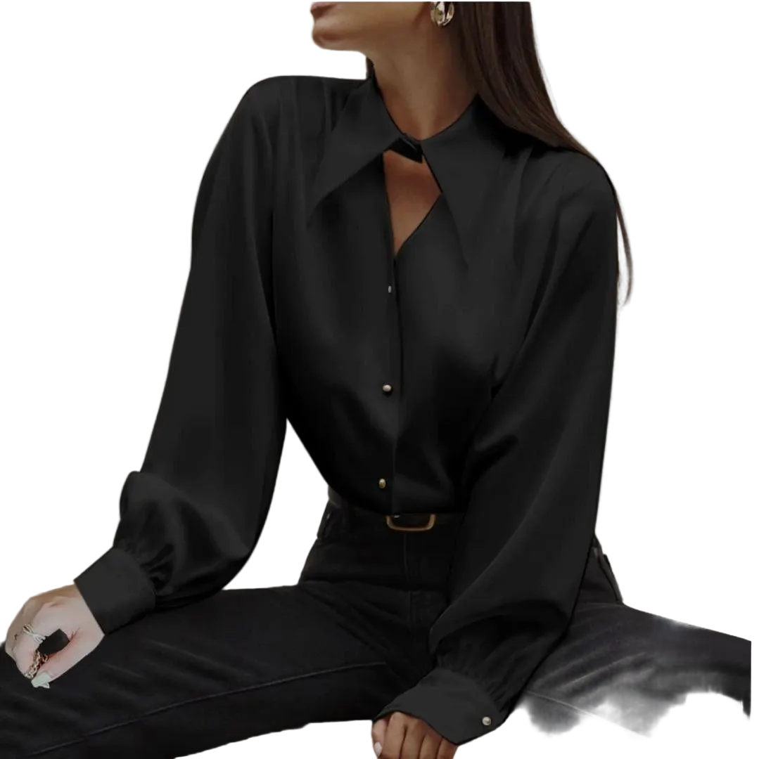 Black Italian Silk Blouse Loose Fit Button Front Built In Collar Checker