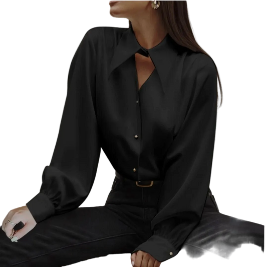 Black Italian Silk Blouse Loose Fit Button Front Built In Collar Checker