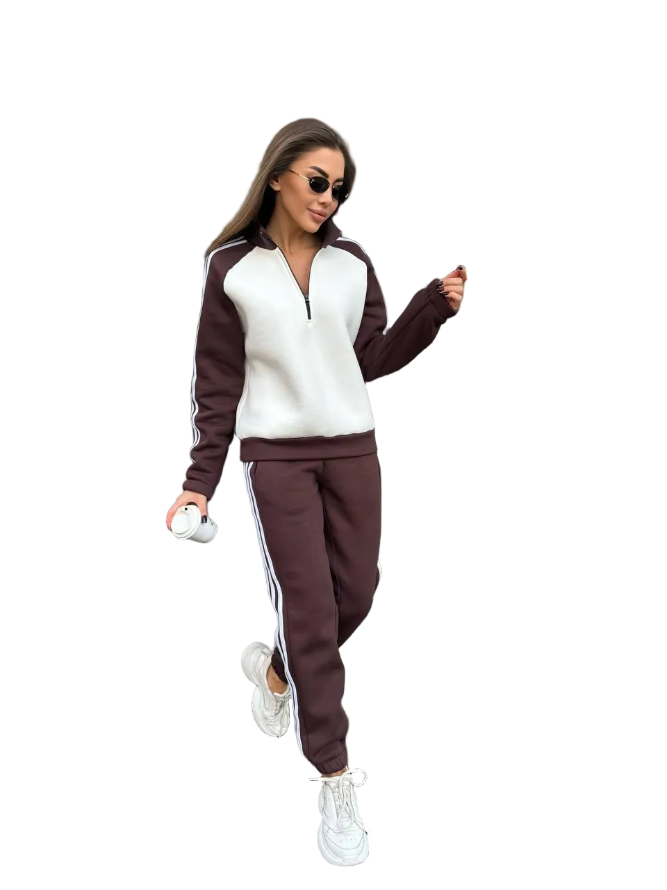 Women Brown White Trinity Fleece Tracksuit Zip Pullover Jogger Set Casual Sportswear