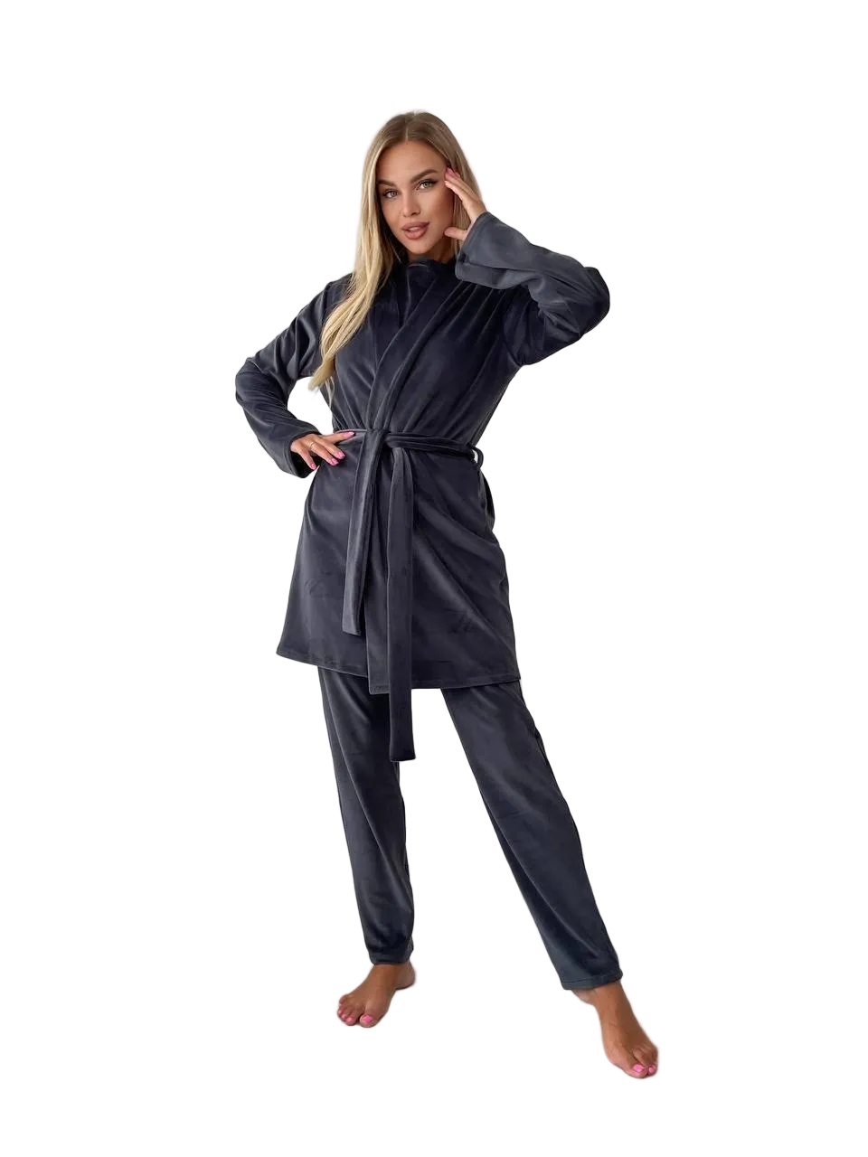 Women Three Piece Pajama Set Dark Gray Soft Stretch Loungewear Robe Pants Top